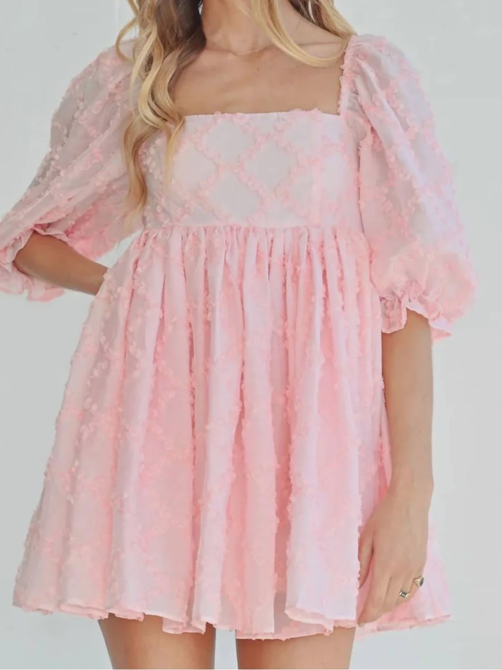 Mable Anthropologie Ribbon Textured Puff Sleeve
Babydoll Mini Dress
B21